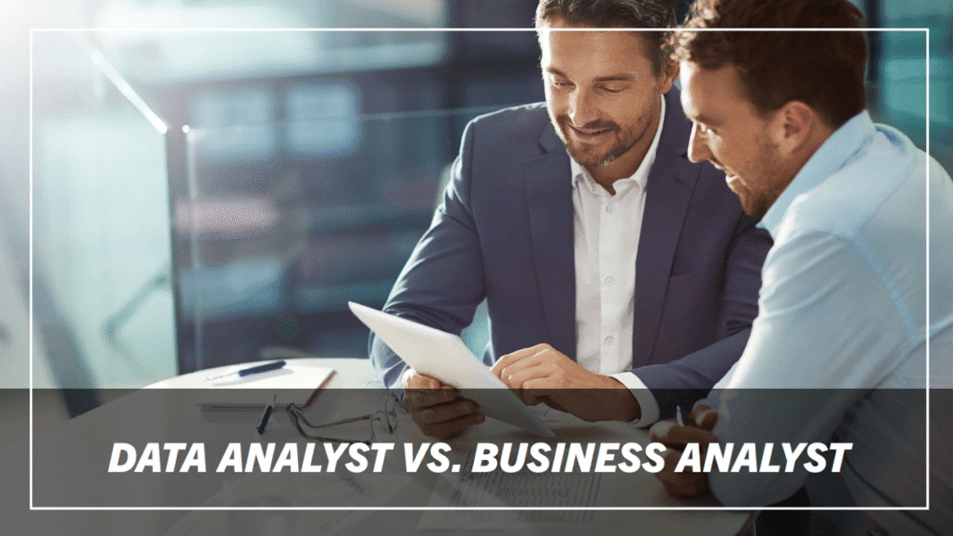 Students learning about the difference between data analyst and business analyst roles in a classroom or online course.