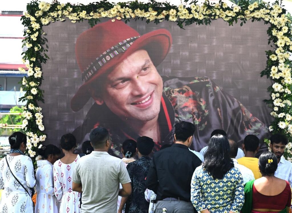 Flowers left by fans at Zubeen Garg Island